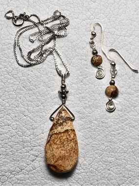 Picture Jasper Sterling Necklace & Earrings Set Boho Earth Tone